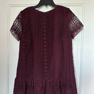 LOFT Anne Taylor Drop Waist Dress with Crocheted Overlay, sz 2, plum/burgundy